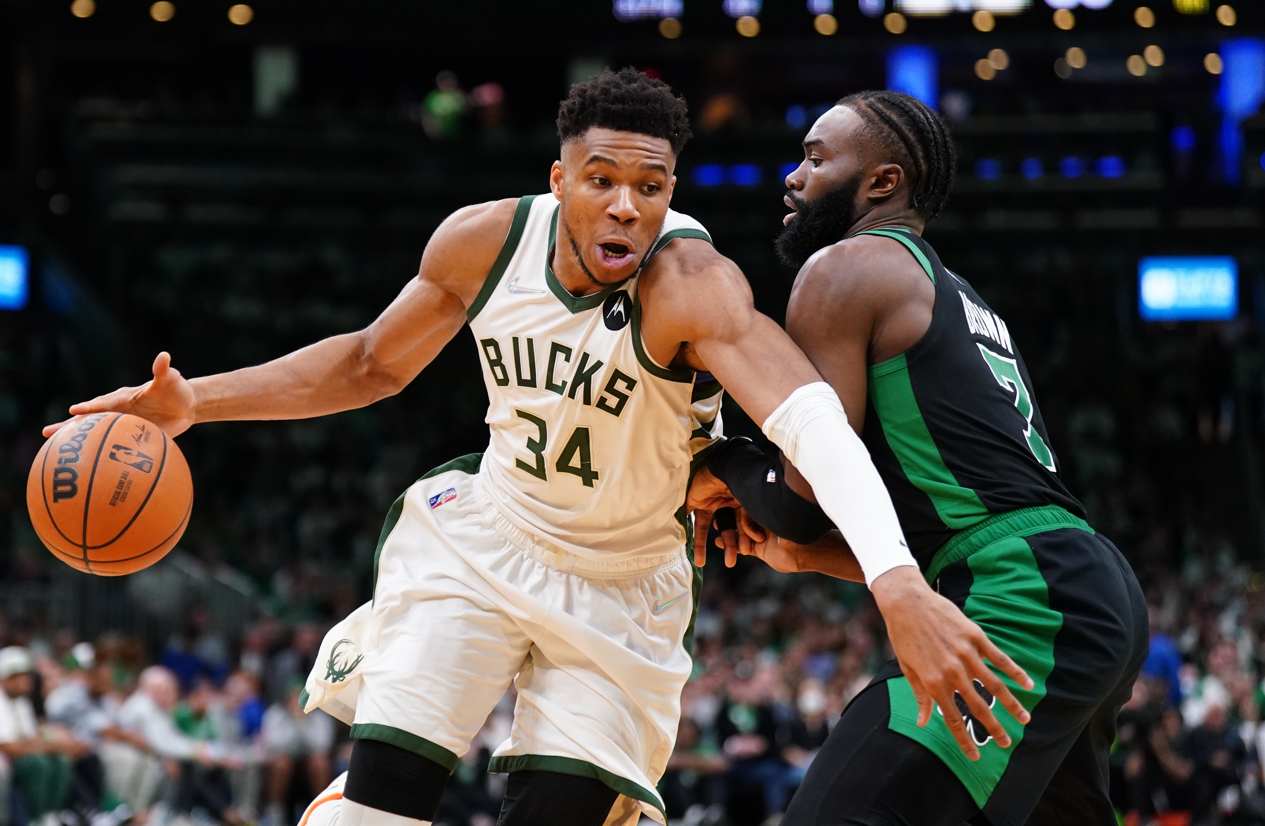 Milwaukee Bucks forward Giannis Antetokounmpo (34) drives the ball against Boston Celtics guard Jaylen Brown (7) in the second half during game one of the second round for the 2022 NBA playoffs at TD Garden.