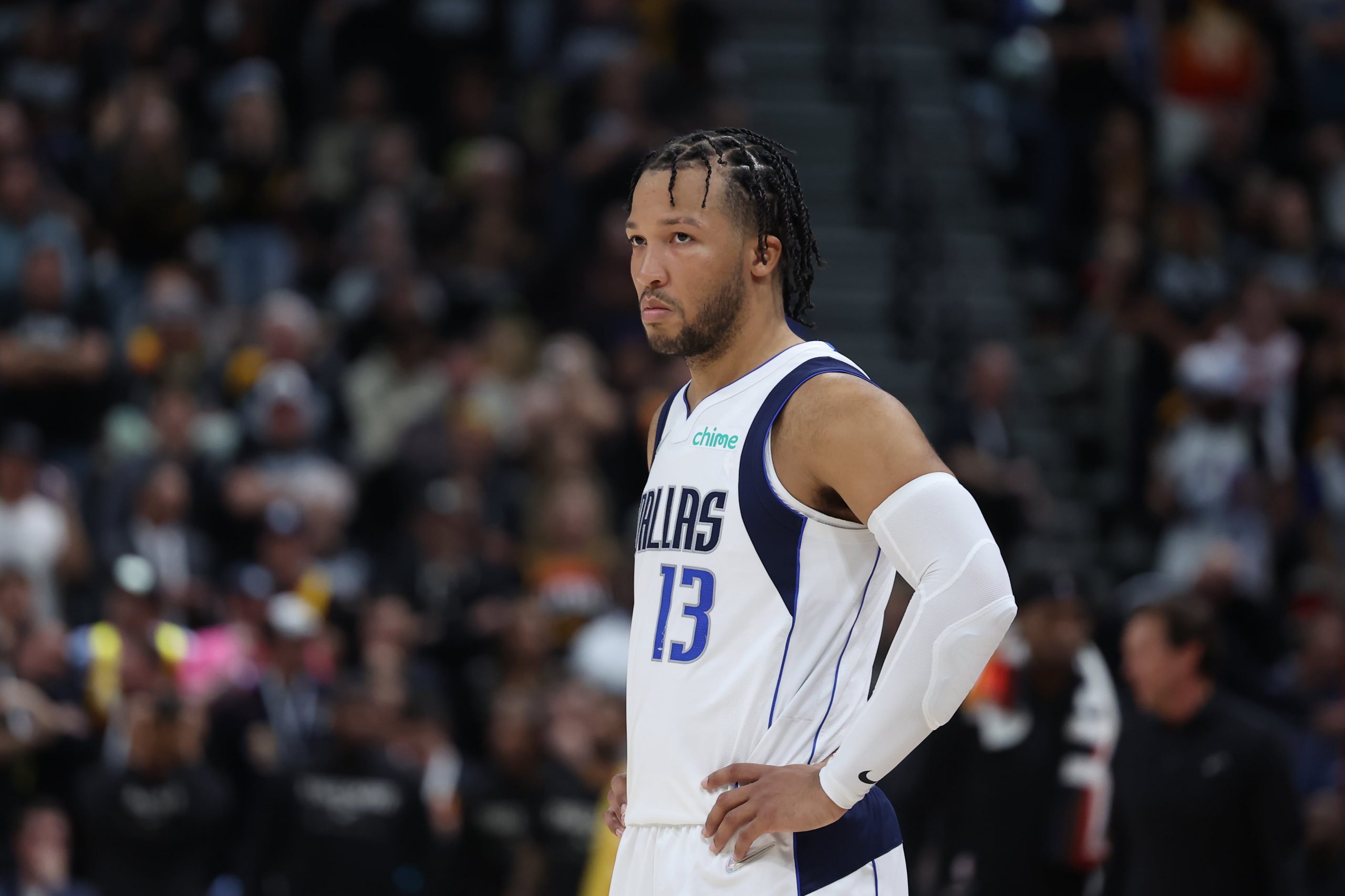 Dallas Mavericks guard Jalen Brunson (13) looks on during a break in fourth quarter action against the Utah Jazz during game six of the first round for the 2022 NBA playoffs at Vivint Arena.