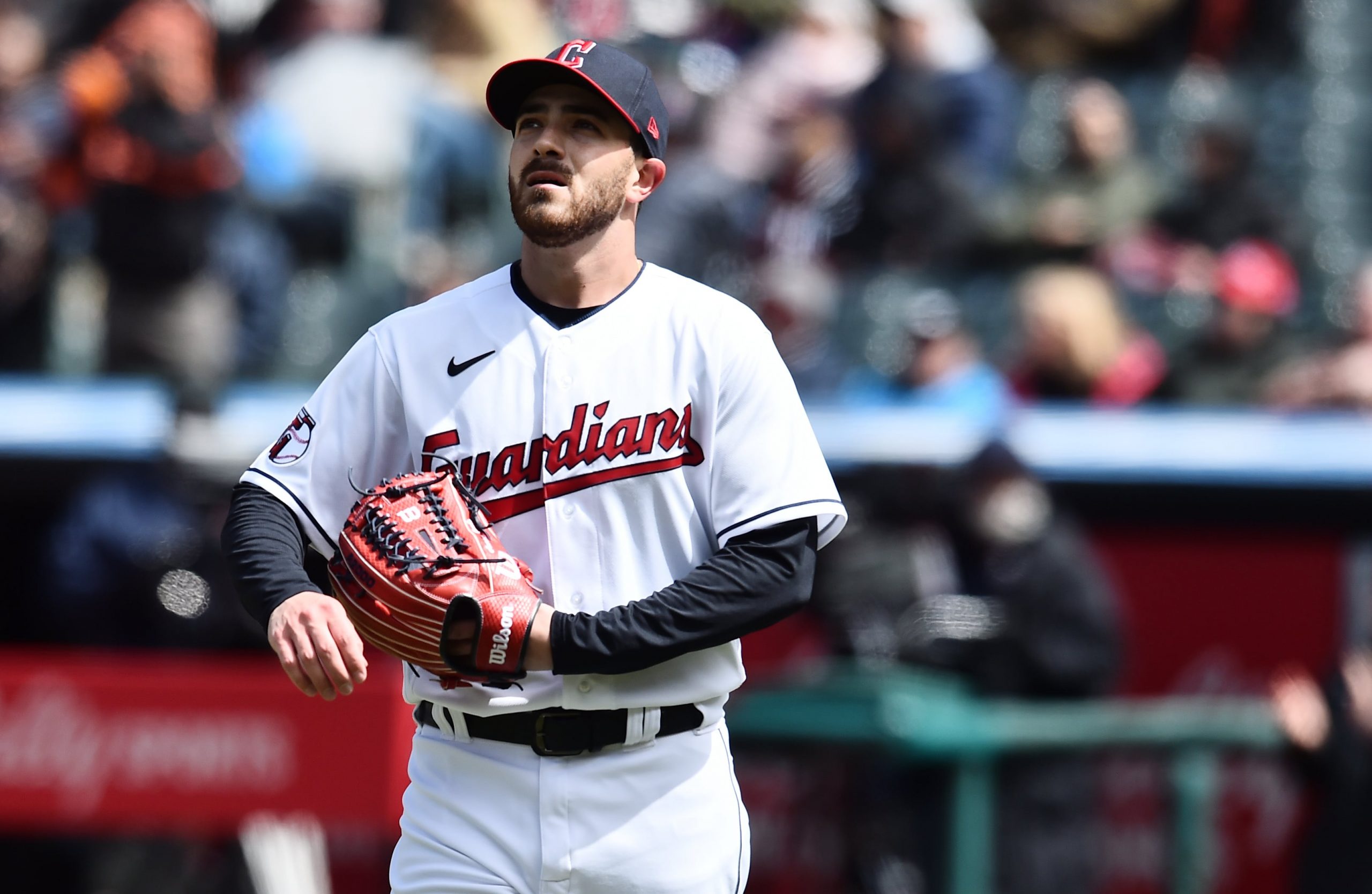 Cleveland Guardians starting pitcher Aaron Civale (43) reacts after giving up a home run to San Francisco Giants second baseman Thairo Estrada (not pictured) during the second inning at Progressive Field.