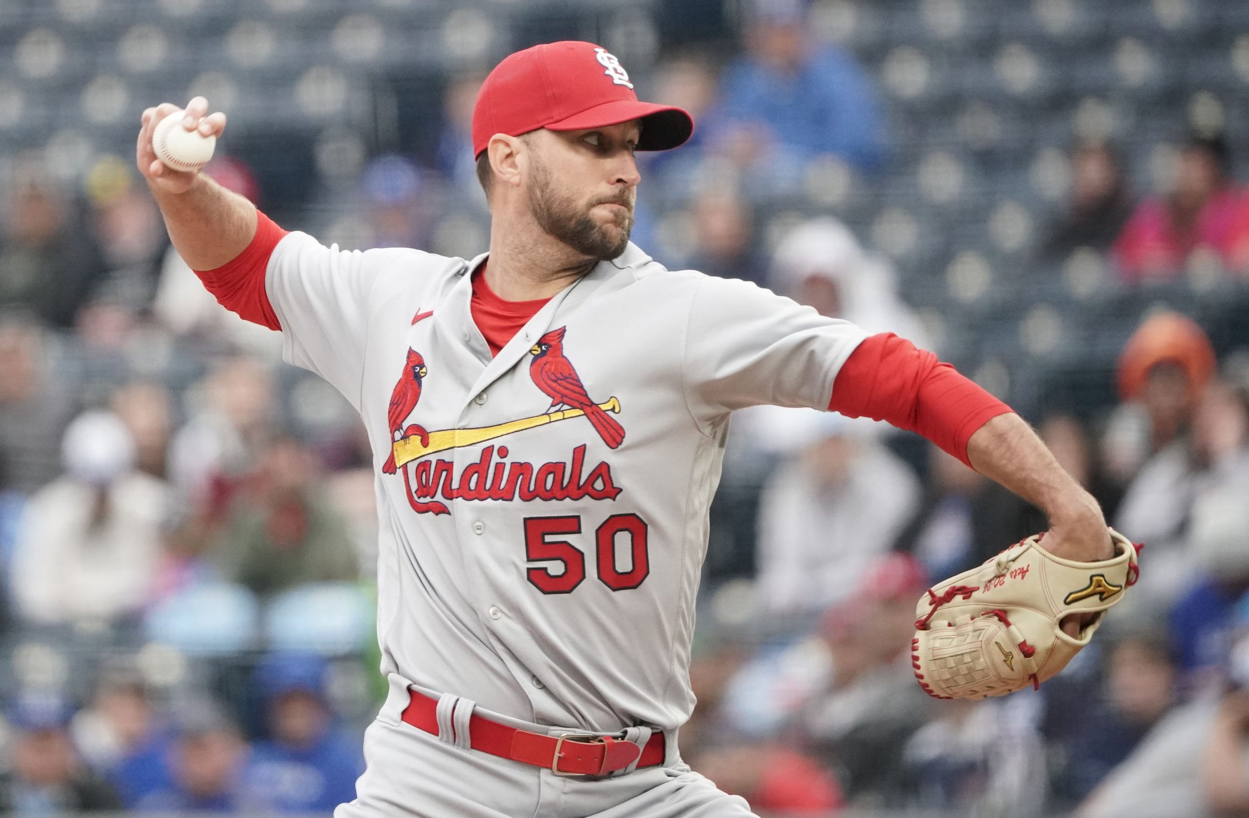 St. Louis Cardinals starting pitcher Adam Wainwright (50) delivers a pitch against the Kansas City Royals in the first inning at Kauffman Stadium.