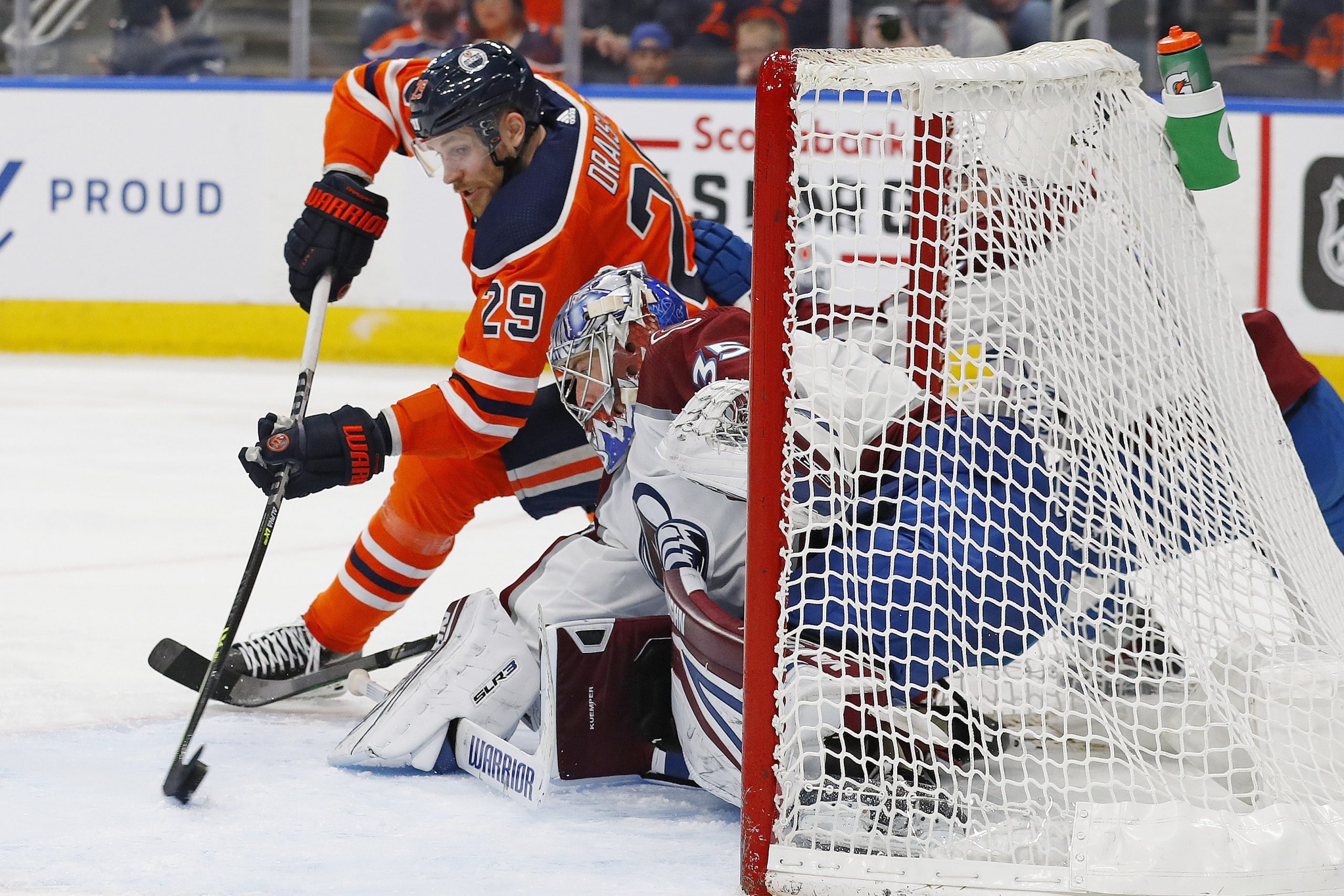 Oilers Leon Draisaitl's shot saved by Avalanche goalie Darcy Kuemper
