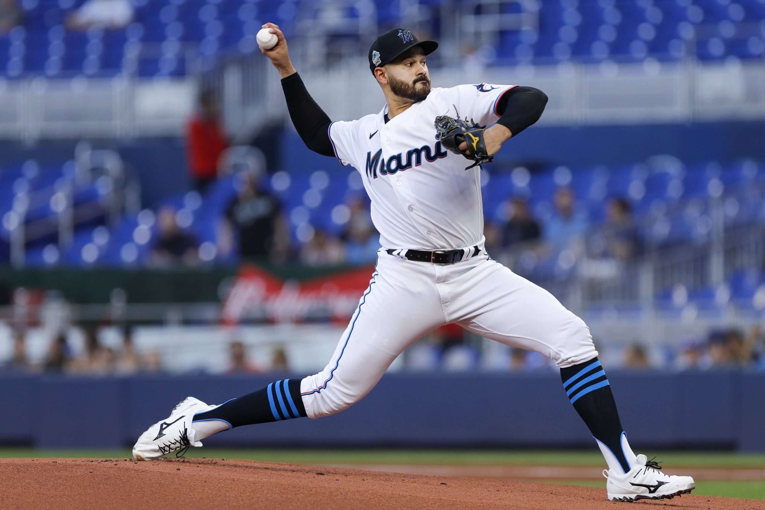 Miami Marlins starting pitcher Pablo Lopez (49) delivers a pitch during the first inning against the Milwaukee Brewers at loanDepot Park.