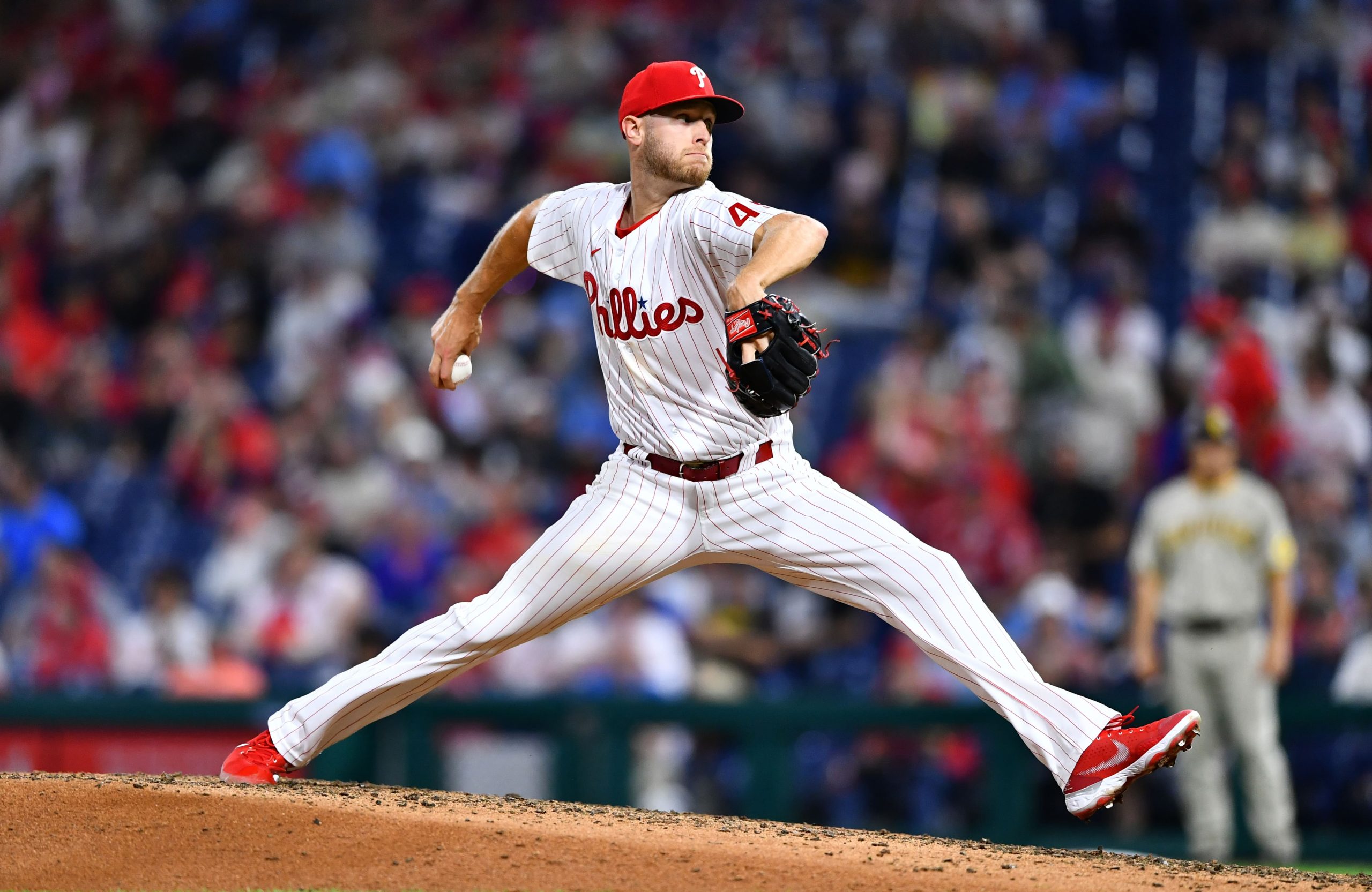 Philadelphia Phillies pitcher Zack Wheeler (45) throws a pitch against the San Diego Padres in the sixth inning at Citizens Bank Park.