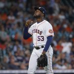 Houston Astros starting pitcher Cristian Javier (53) walks off the mound after pitching during the first inning against the Cleveland Guardians at Minute Maid Park.