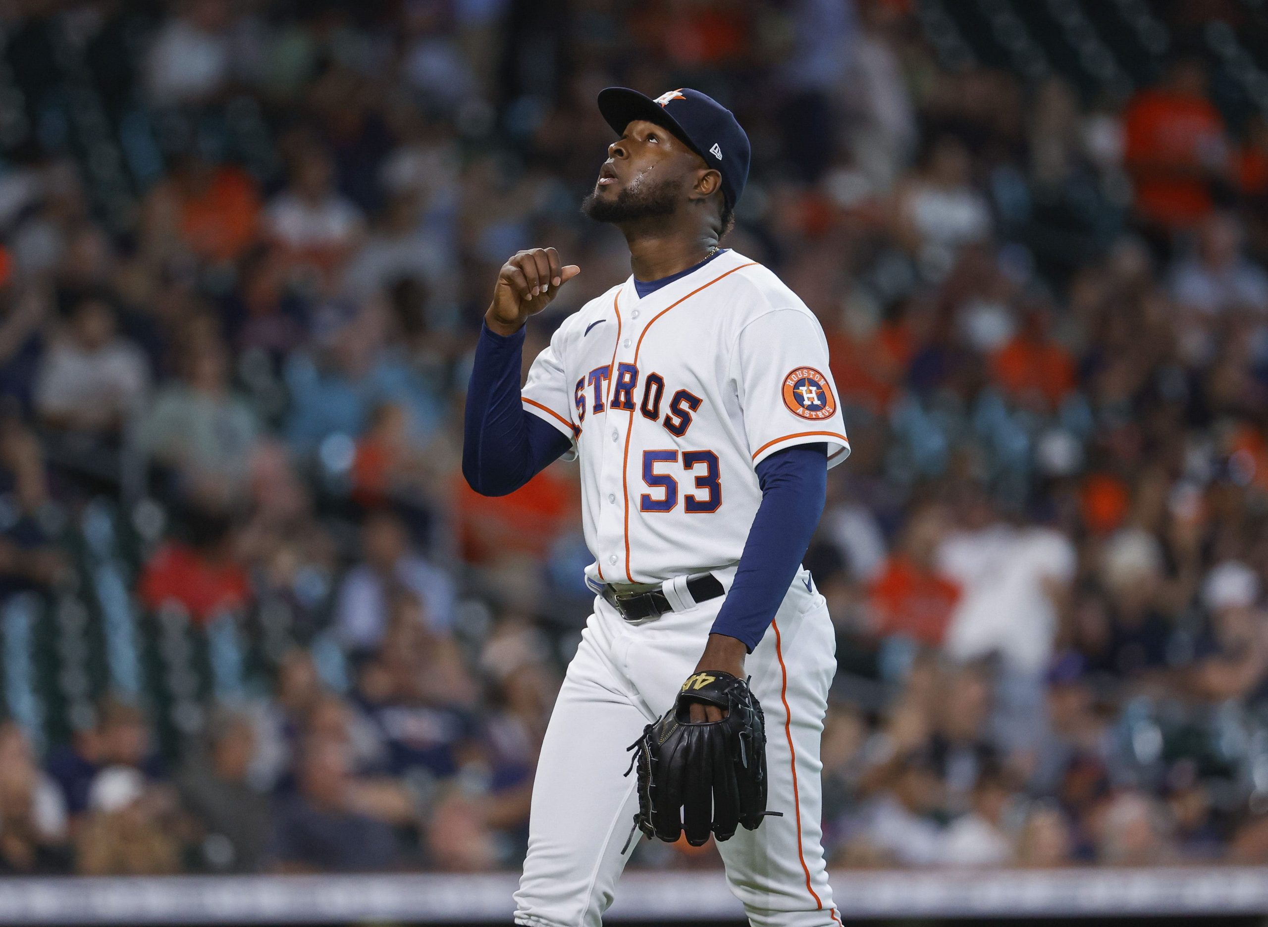 Houston Astros starting pitcher Cristian Javier (53) walks off the mound after pitching during the first inning against the Cleveland Guardians at Minute Maid Park.