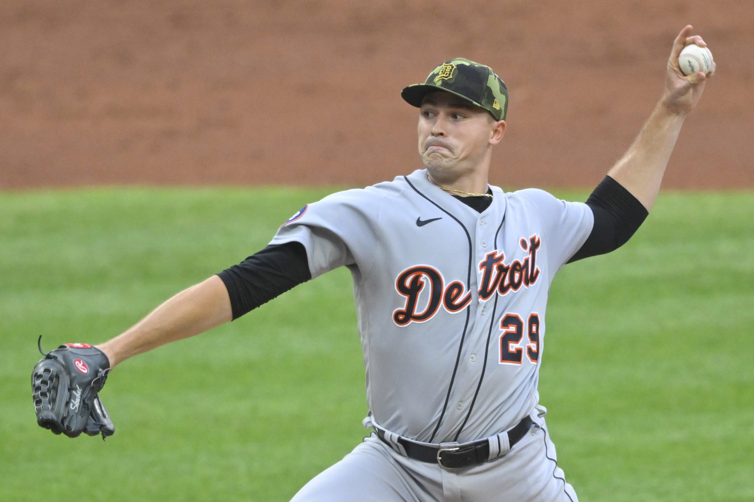 May 20, 2022; Cleveland, Ohio, USA; Detroit Tigers starting pitcher Tarik Skubal (29) delivers a pitch in the third inning against the Cleveland Guardians at Progressive Field.