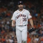 Houston Astros starting pitcher Justin Verlander (35) reacts after getting a strikeout during the sixth inning against the Seattle Mariners at Minute Maid Park