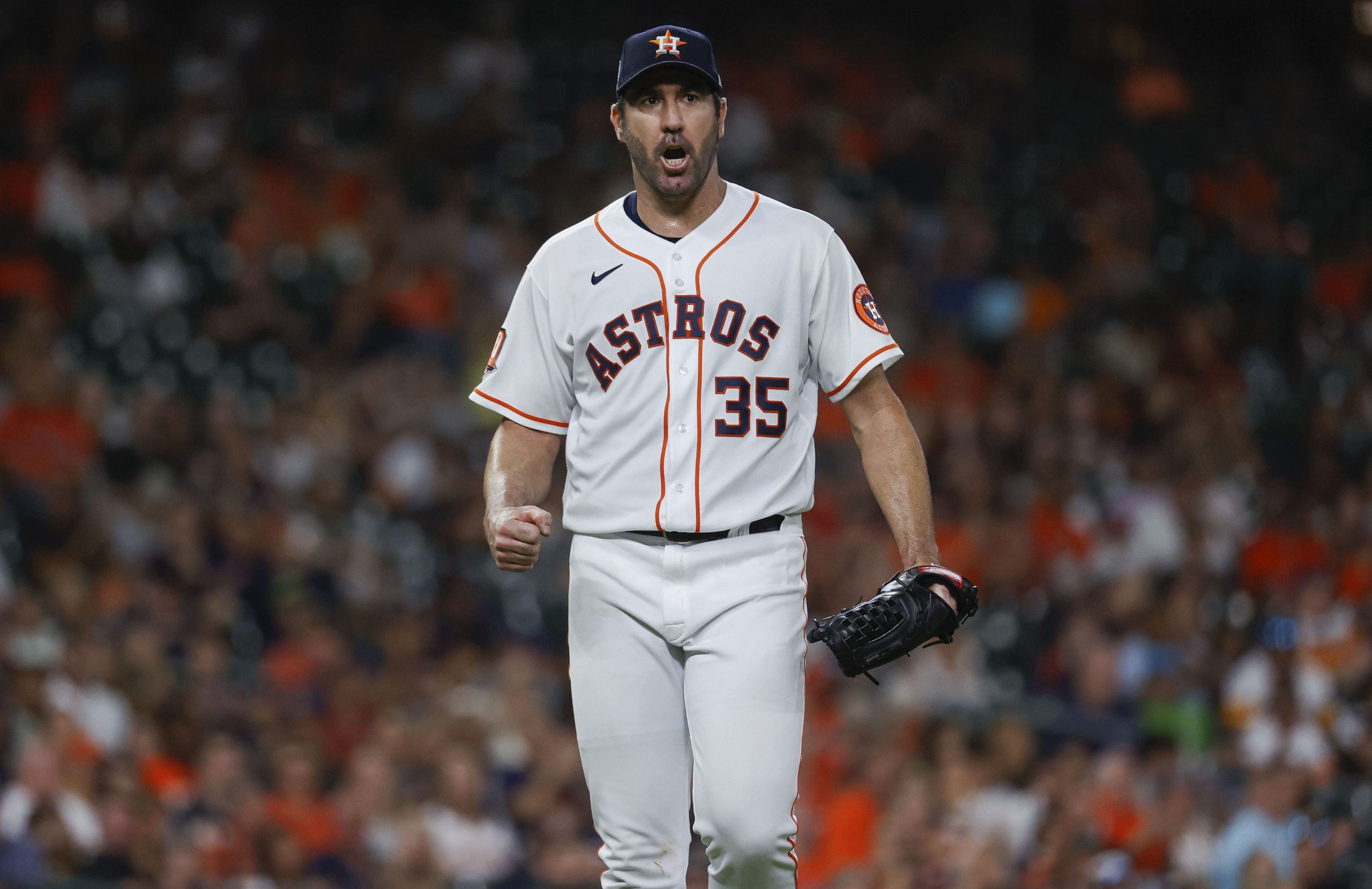 Houston Astros starting pitcher Justin Verlander (35) reacts after getting a strikeout during the sixth inning against the Seattle Mariners at Minute Maid Park