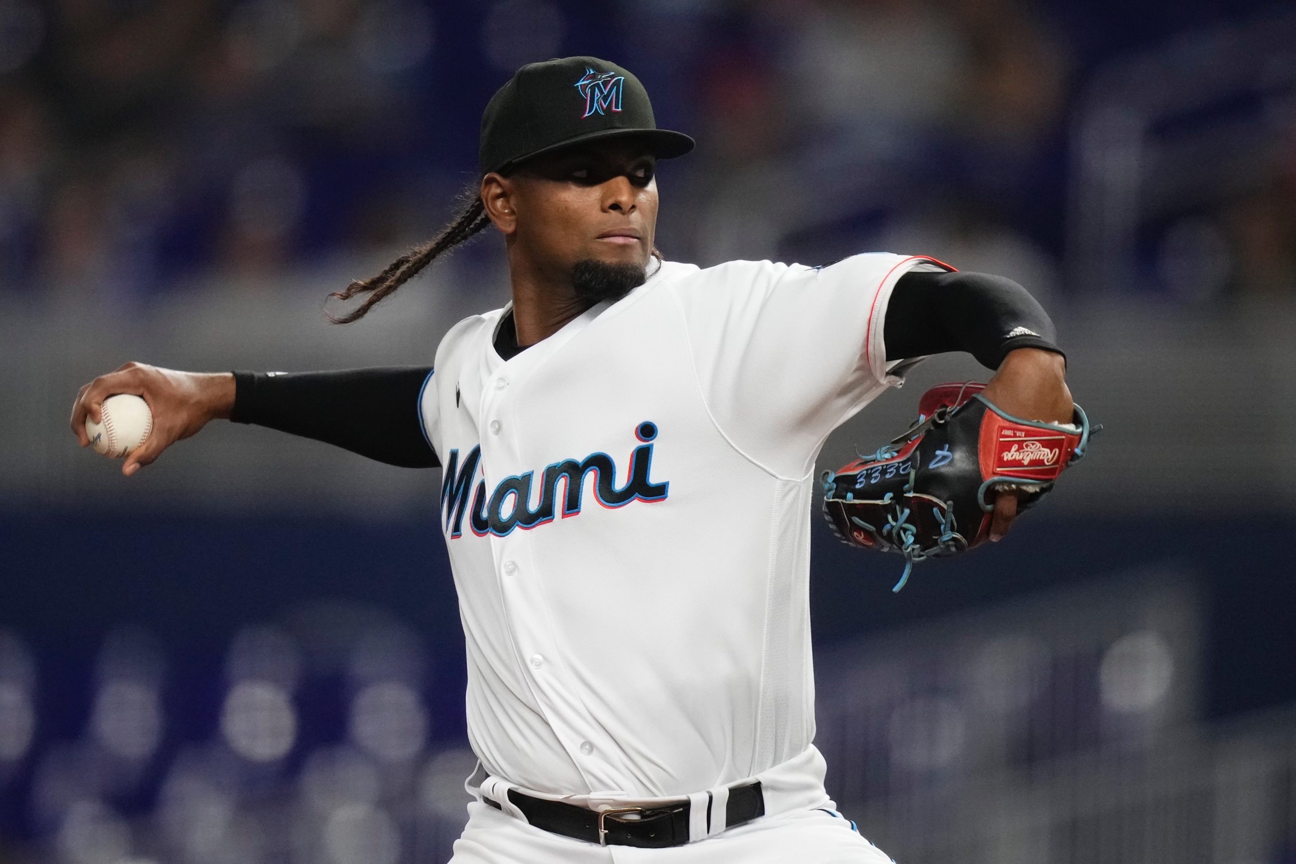 Jun 7, 2022; Miami, Florida, USA; Miami Marlins starting pitcher Edward Cabrera (27) delivers a pitch n the 1st inning against the Washington Nationals at loanDepot park. Mandatory Credit: Jasen Vinlove-USA TODAY Sports