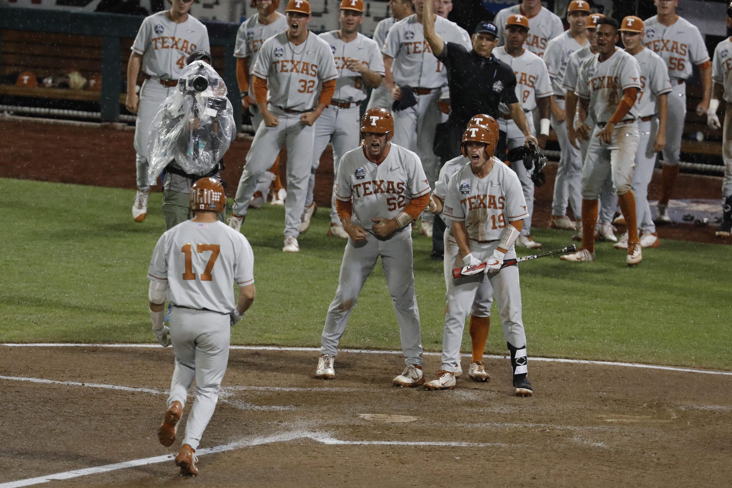 Texas Longhorns designated hitter Ivan Melendez (17) scores after hitting a three-run home run against the Mississippi State Bulldogs at TD Ameritrade Park.