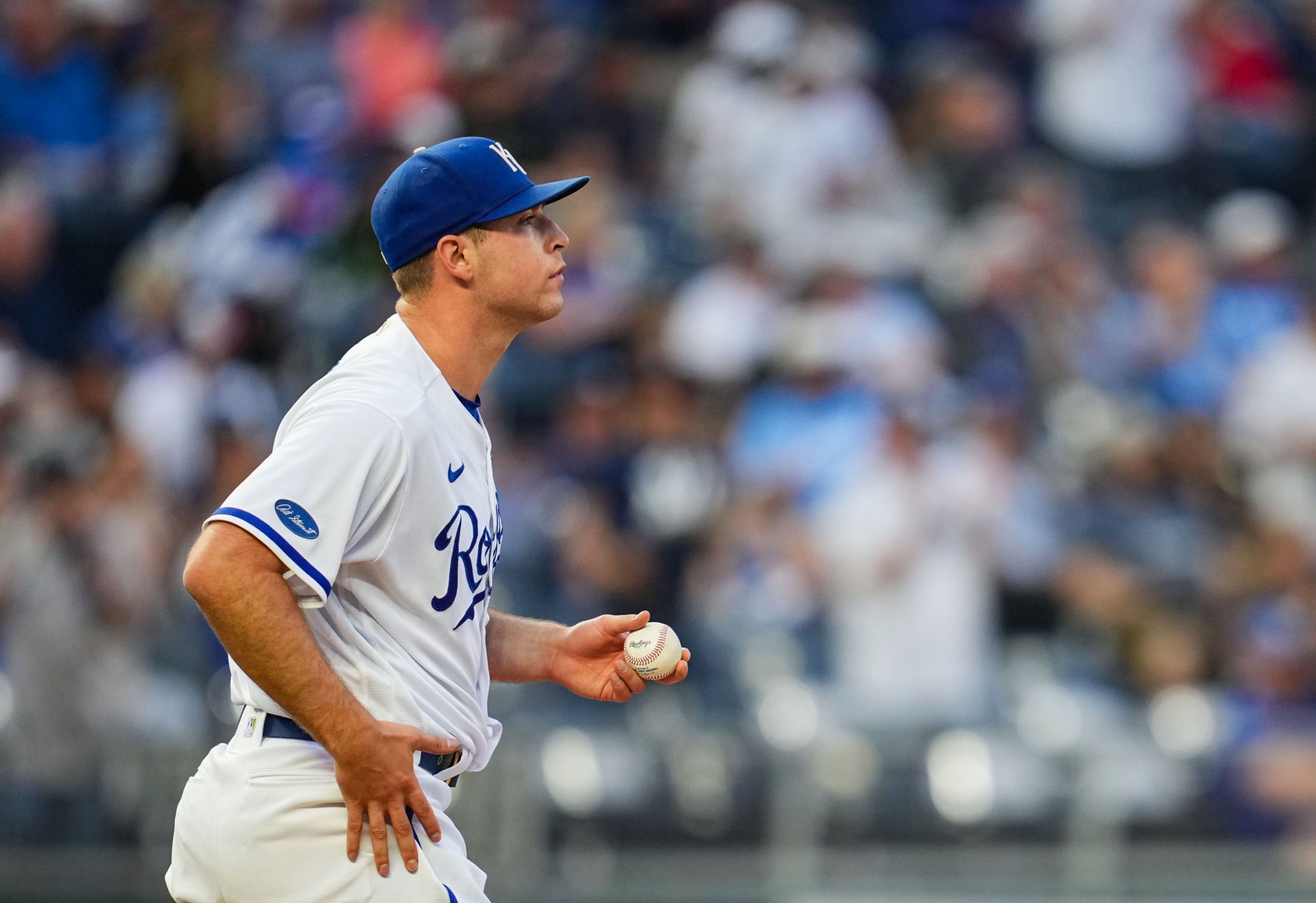 Kansas City, Missouri, USA; Kansas City Royals starting pitcher Kris Bubic (50) reacts after giving up a home run to New York Yankees right fielder Giancarlo Stanton (not pictured) during the first inning at Kauffman Stadium.