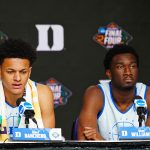 Paolo Banchero and Mark Williams of the Duke Blue Devils