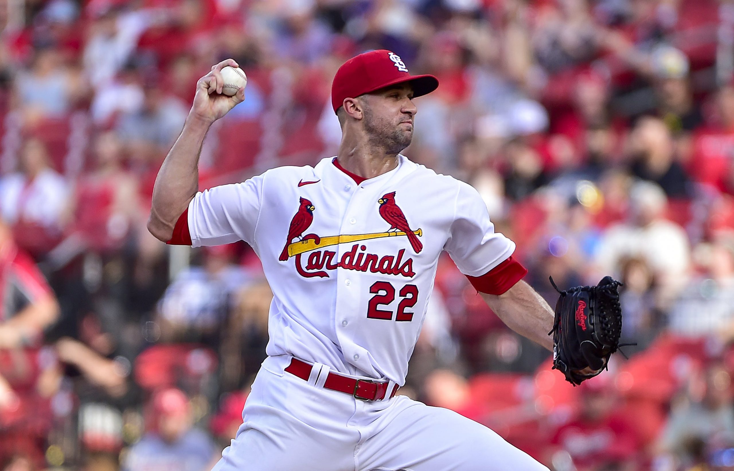 St. Louis Cardinals starting pitcher Jack Flaherty (22) pitches against the Pittsburgh Pirates during the first inning at Busch Stadium.