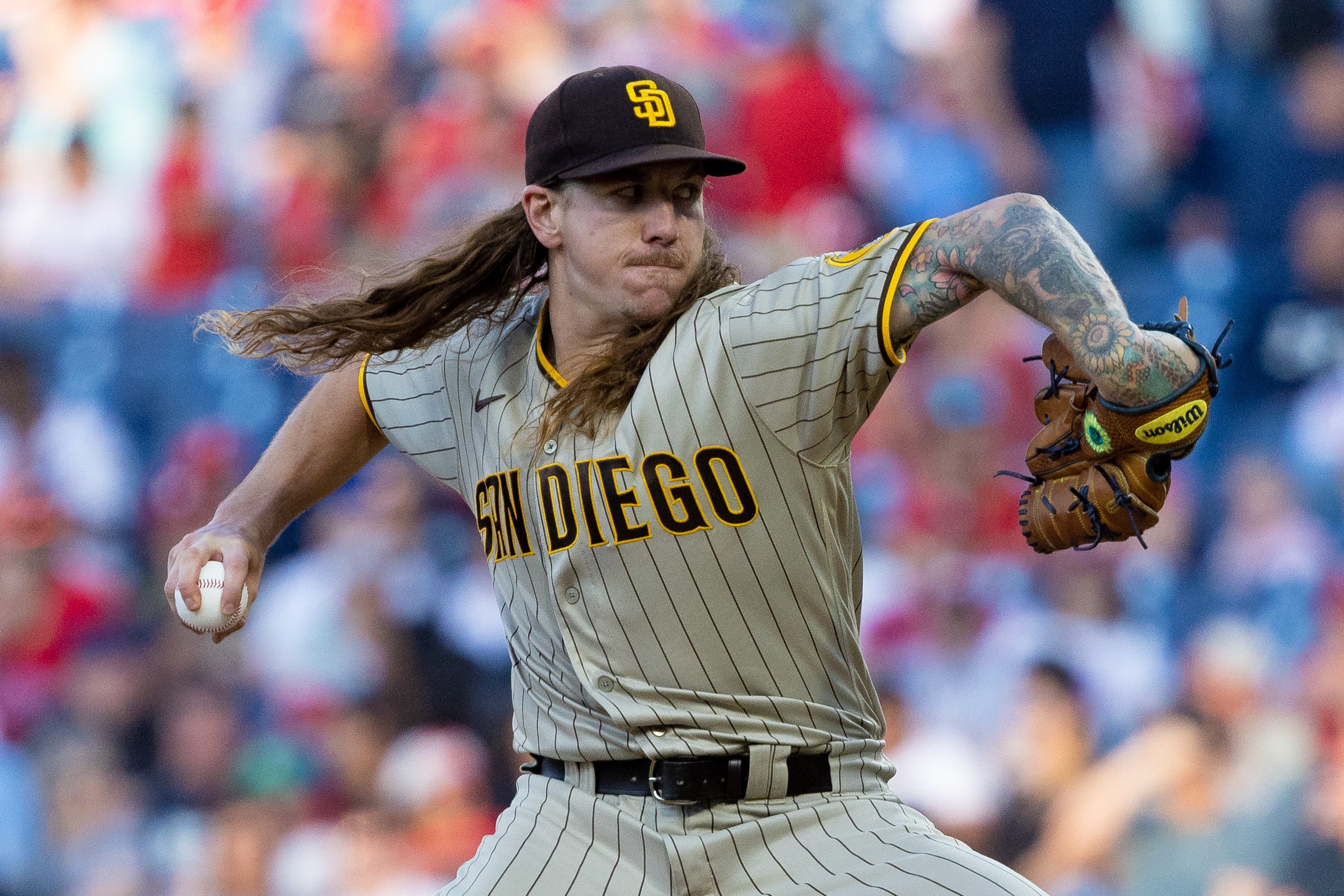 San Diego Padres starting pitcher Mike Clevinger (52) throws a pitch against the Philadelphia Phillies at Citizens Bank Park.