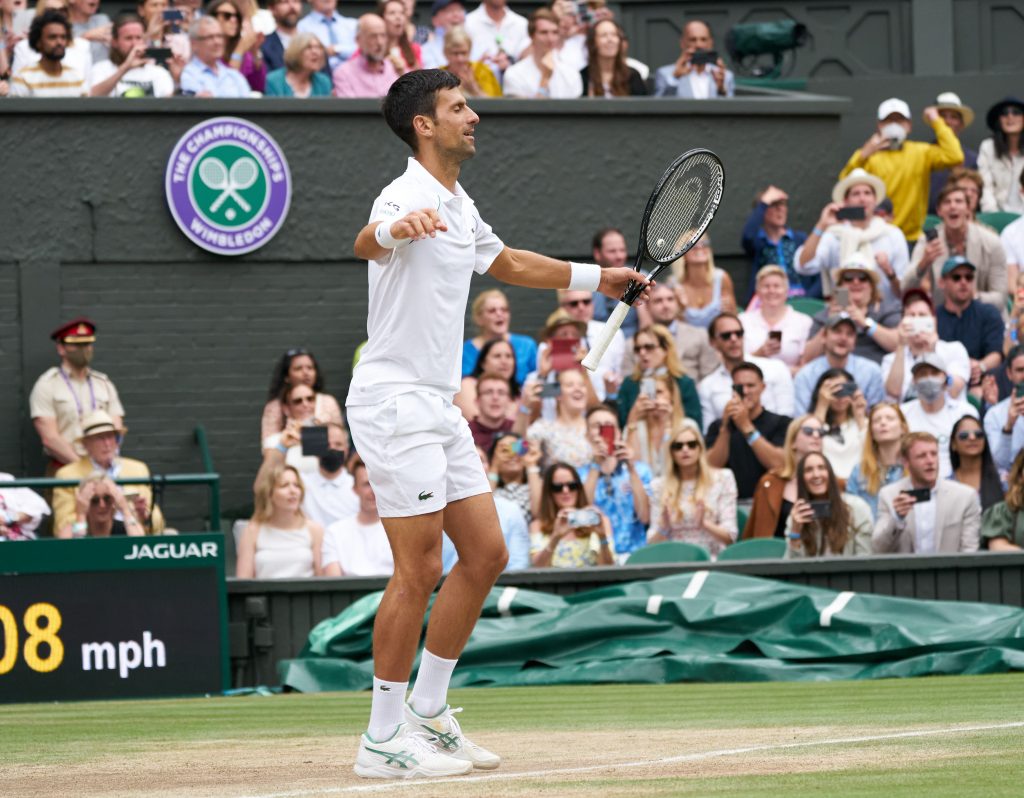 Novak Djokovic (SRB) celebrates winning the mens final against Matteo Berrettini (ITA) on Centre Court at Wimbledon