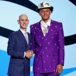 vPaolo Banchero (Duke) shakes hands with NBA commissioner Adam Silver after being selected as the number one overall pick by the Orlando Magic in the first round of the 2022 NBA Draft at Barclays Center.
