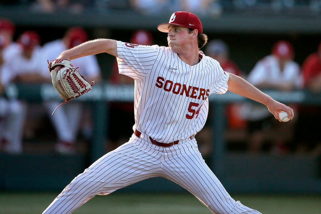 Oklahoma's Jake Bennett (54) pitches during a Big 12 baseball game between the University of Oklahoma Sooners (OU) and the Kansas State Wildcats in Norman, Okla., Friday, April 29,