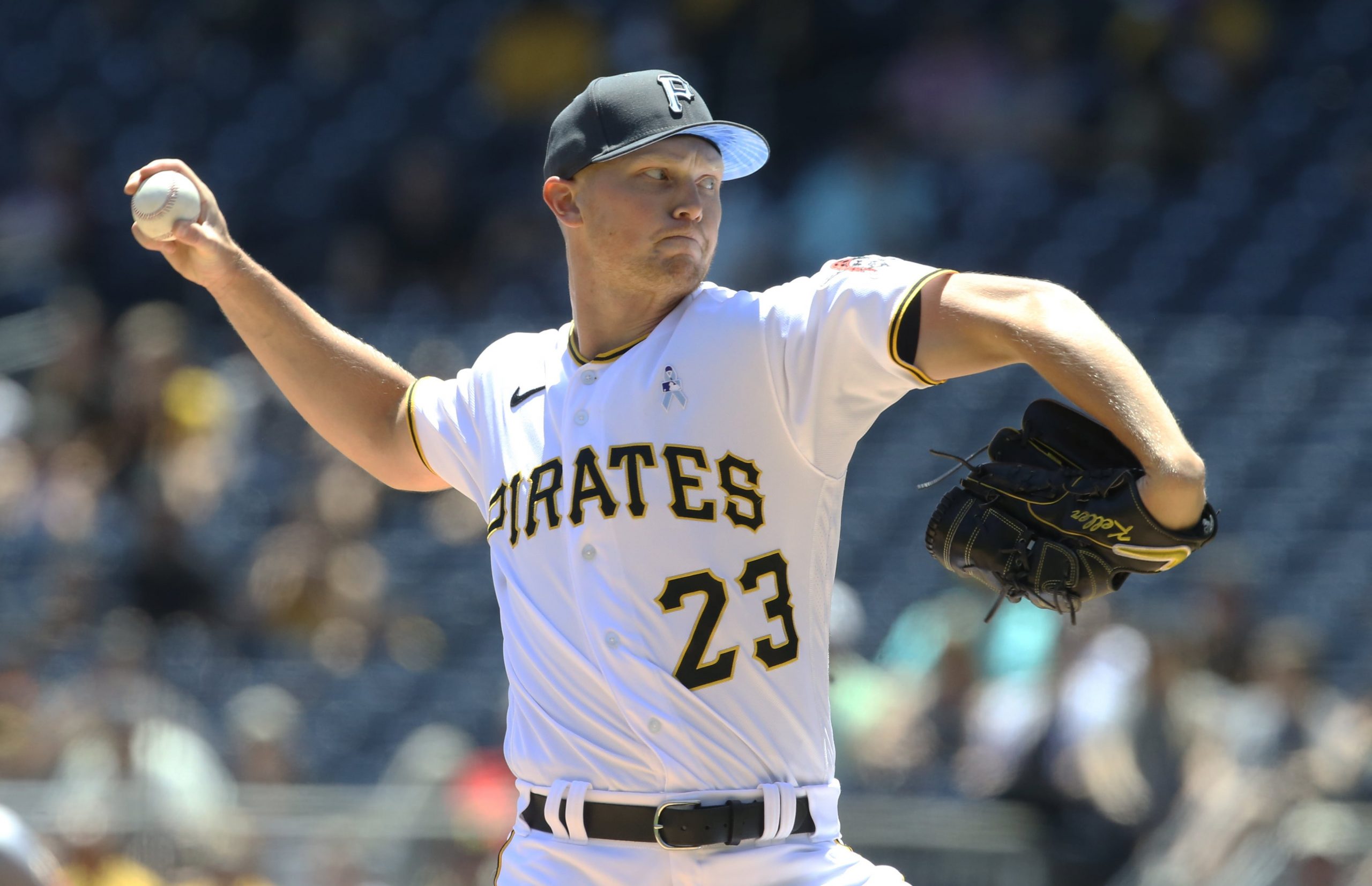 Jun 19, 2022; Pittsburgh, Pennsylvania, USA; Pittsburgh Pirates starting pitcher Mitch Keller (23) delivers a pitch against the San Francisco Giants during the first inning at PNC Park. Mandatory Credit: Charles LeClaire-USA TODAY Sports