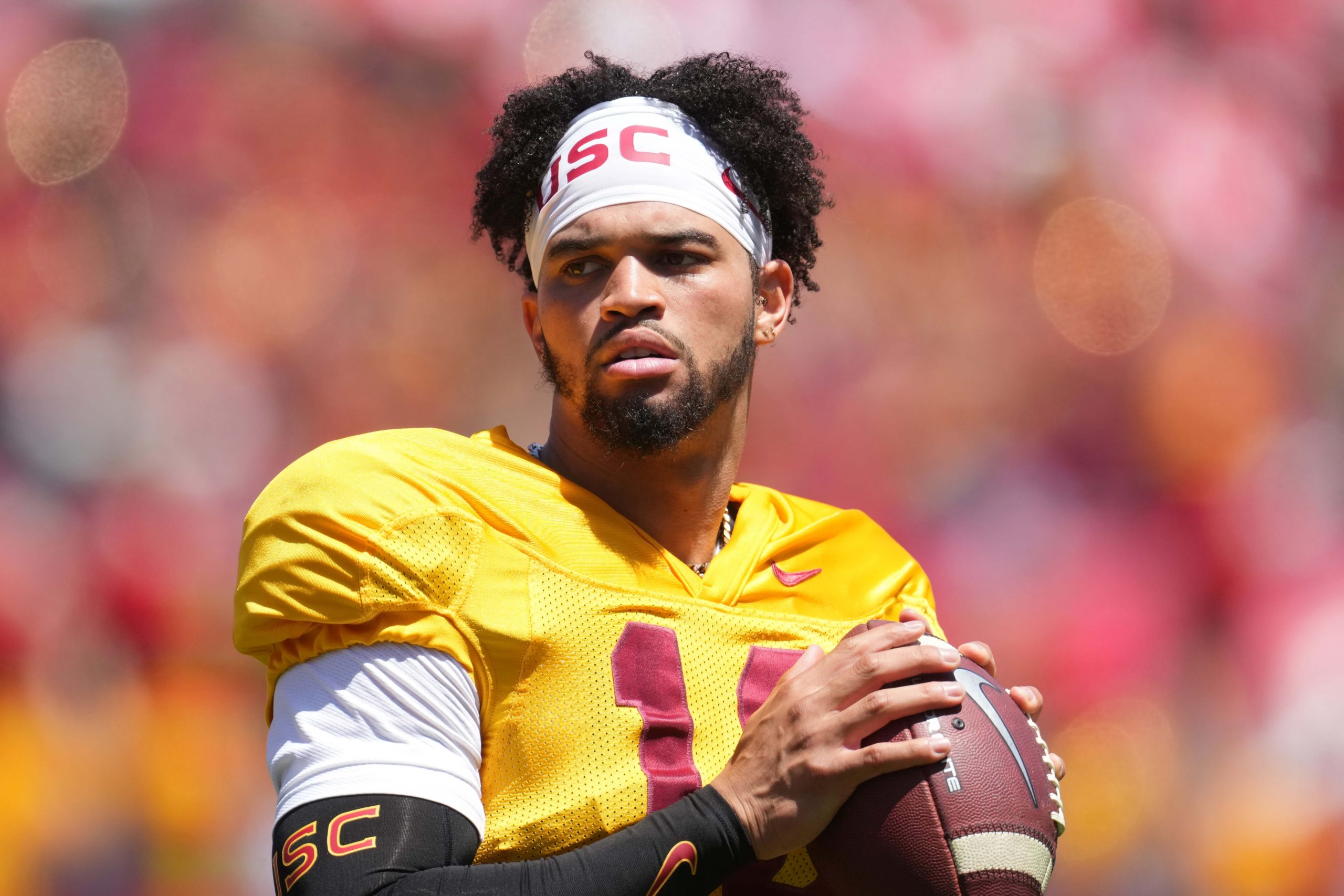 Southern California Trojans quarterback Caleb Williams (13) throws the ball during the spring game at the Los Angeles Memorial Coliseum.