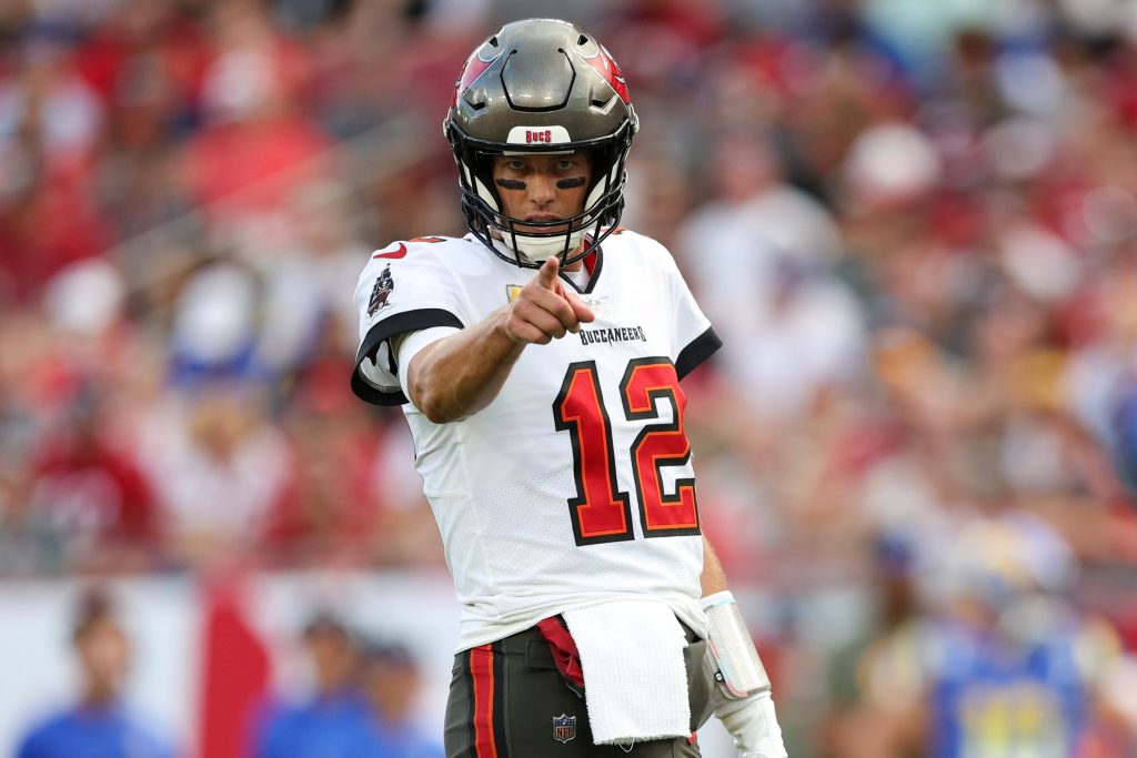 Tampa Bay Buccaneers quarterback Tom Brady (12) calls a play at the line against the Los Angeles Rams in the first quarter at Raymond James Stadium.