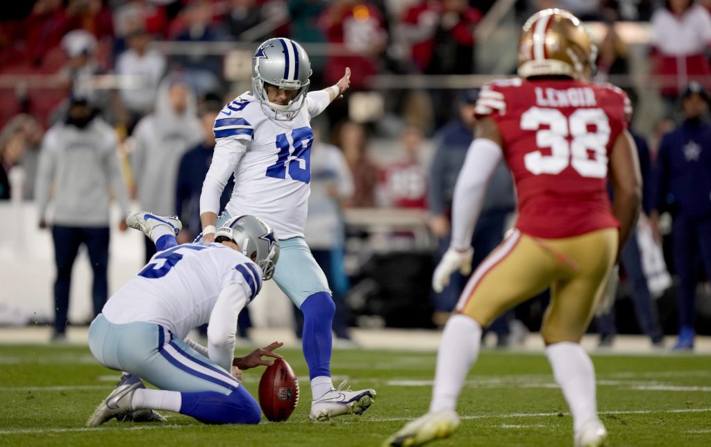 Brett Maher, Dallas Cowboys Kicker attempting a field goal vs the San Francisco 49ers in the 2022-23 NFL Playoffs