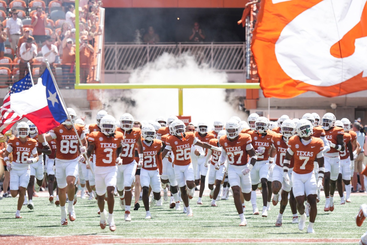 Texas Longhorns take the field before they take on Colorado State at Darrell K Royal-Texas Memorial Stadium in Austin Saturday, Aug. 31, 2024