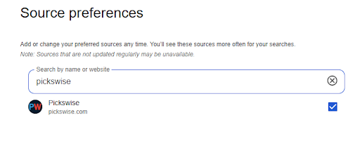 Add Pickswise as a Google preferred source screenshot