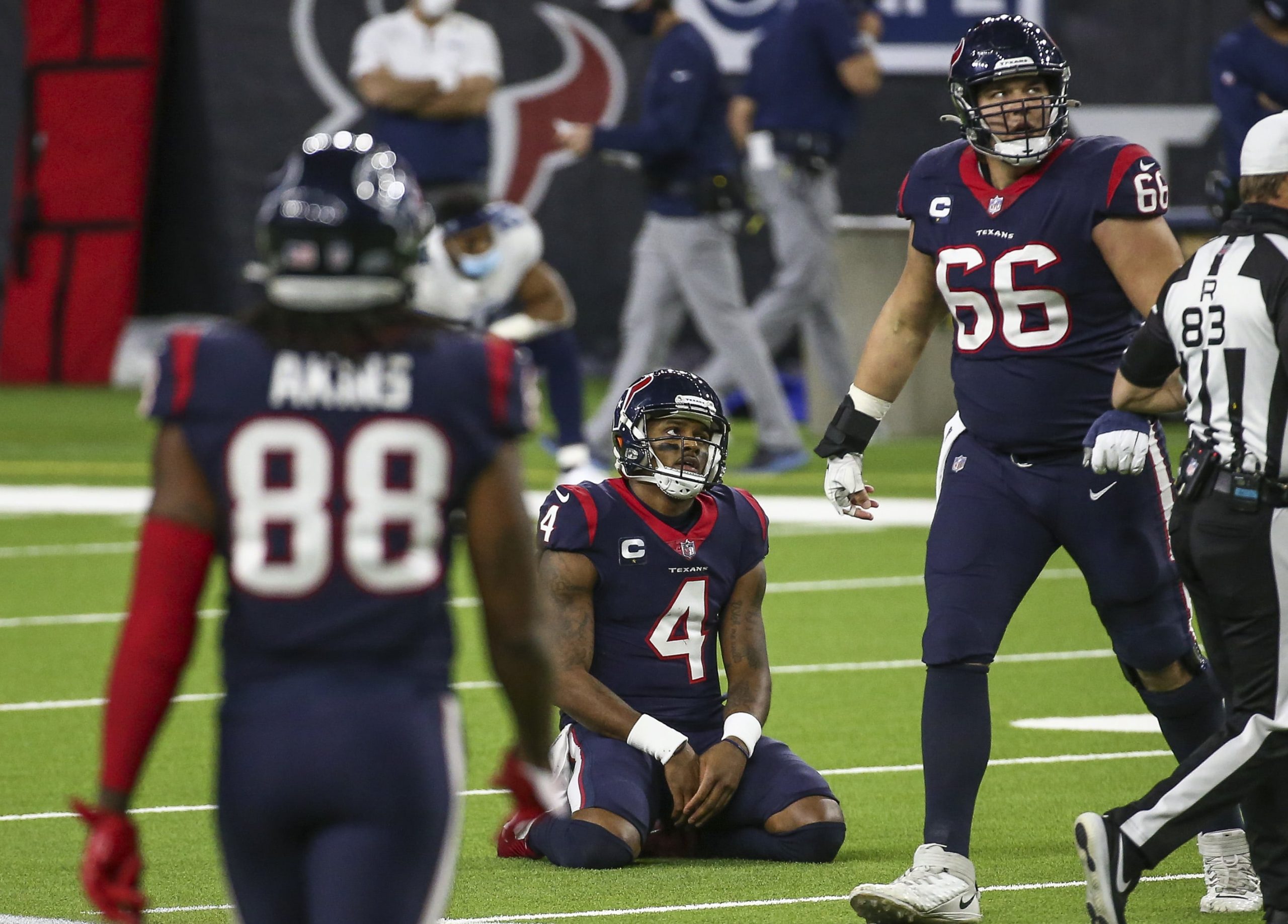 Houston Texans quarterback Deshaun Watson (4) looks up after a play during the fourth quarter against the Tennessee Titans at NRG Stadium.